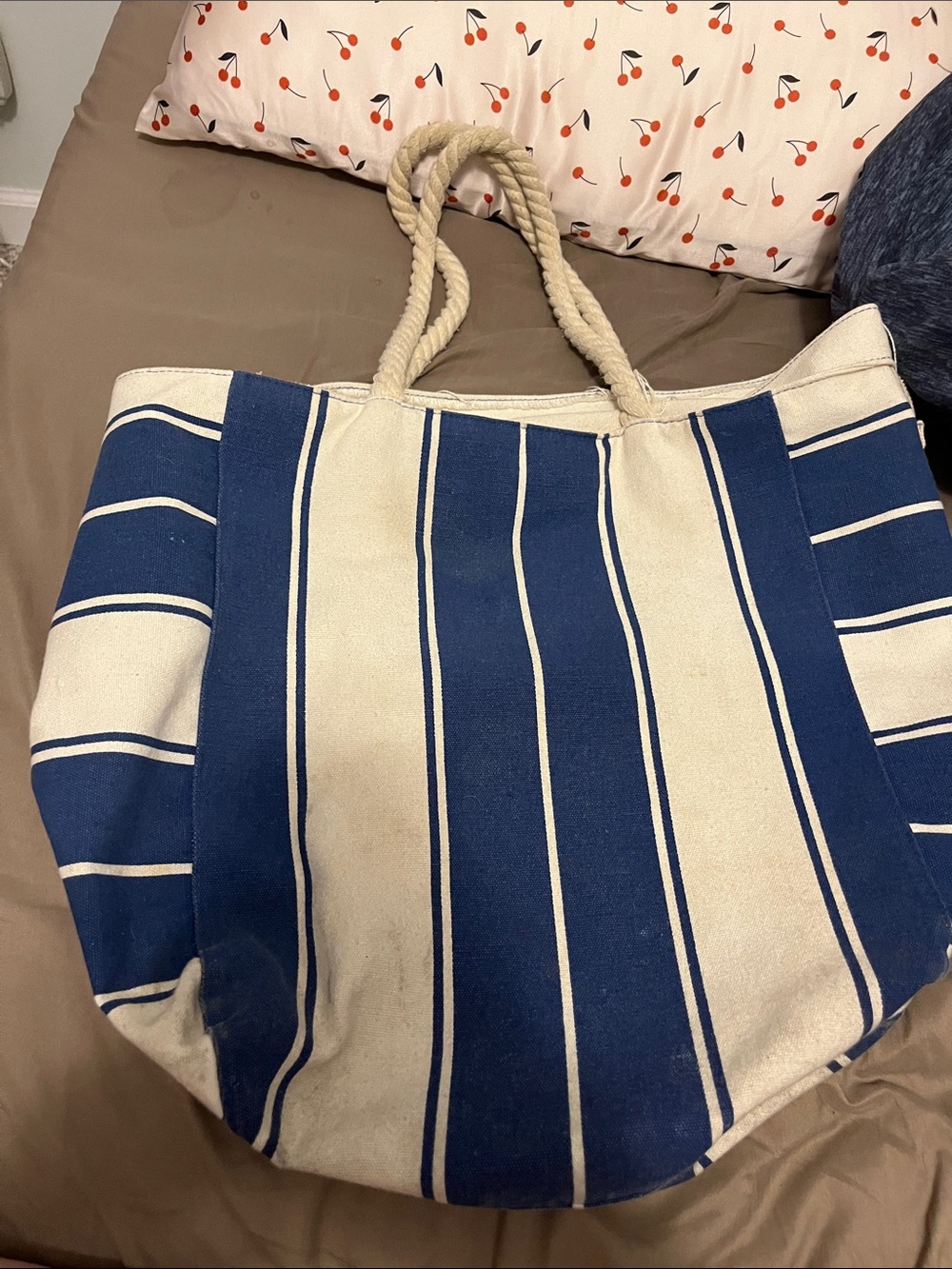 Canvas Striped Tote Bag in Navy and Cream